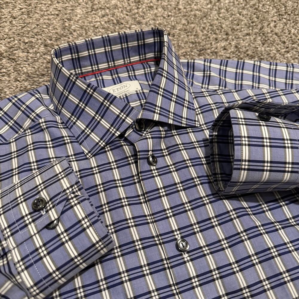 Eton Contemporary Fit Dress Shirt Mens 16 41 Blue Navy Plaid 100% Cotton